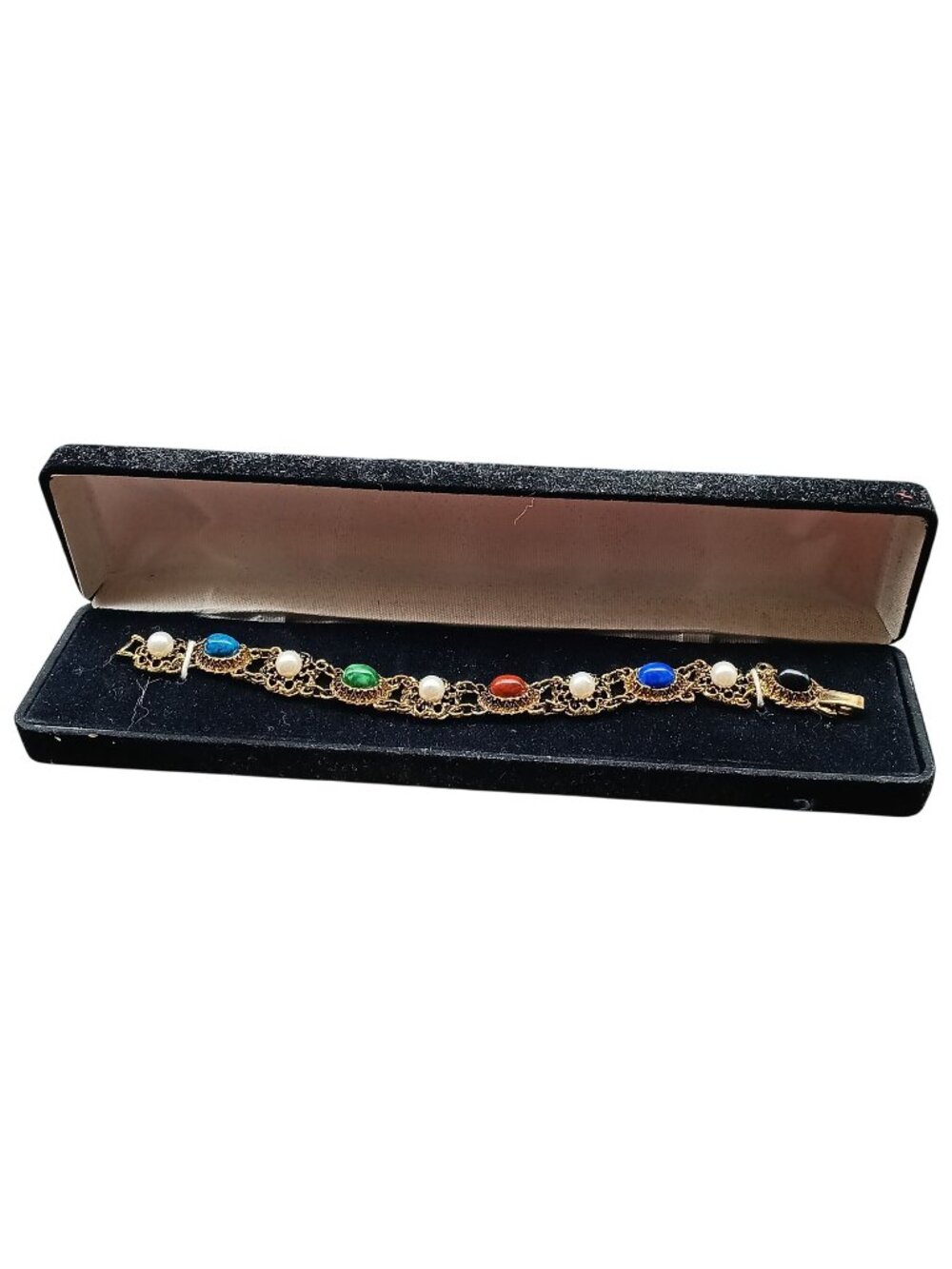 Vintage Gold-Tone Bracelet With Multi-Color Stones & Faux Pearls In Filigree Des